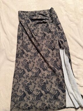 Neutral olive Maxi Skirt with Black Paisley Print